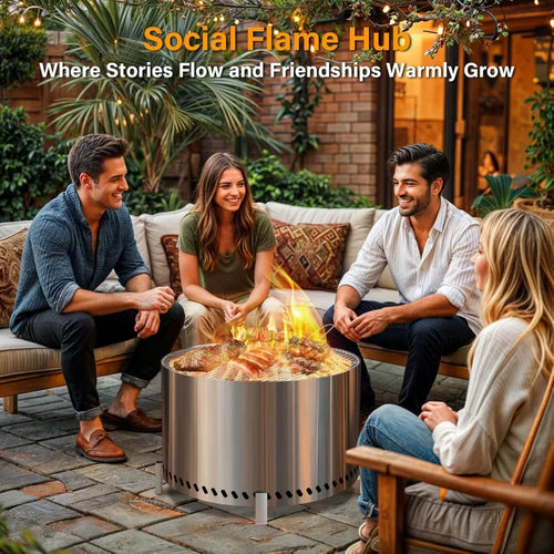 27.5" Smokeless Fire Pit with Grill & Stand, Stainless Steel Wood Burning Outdoor Stove for BBQ and Gatherings