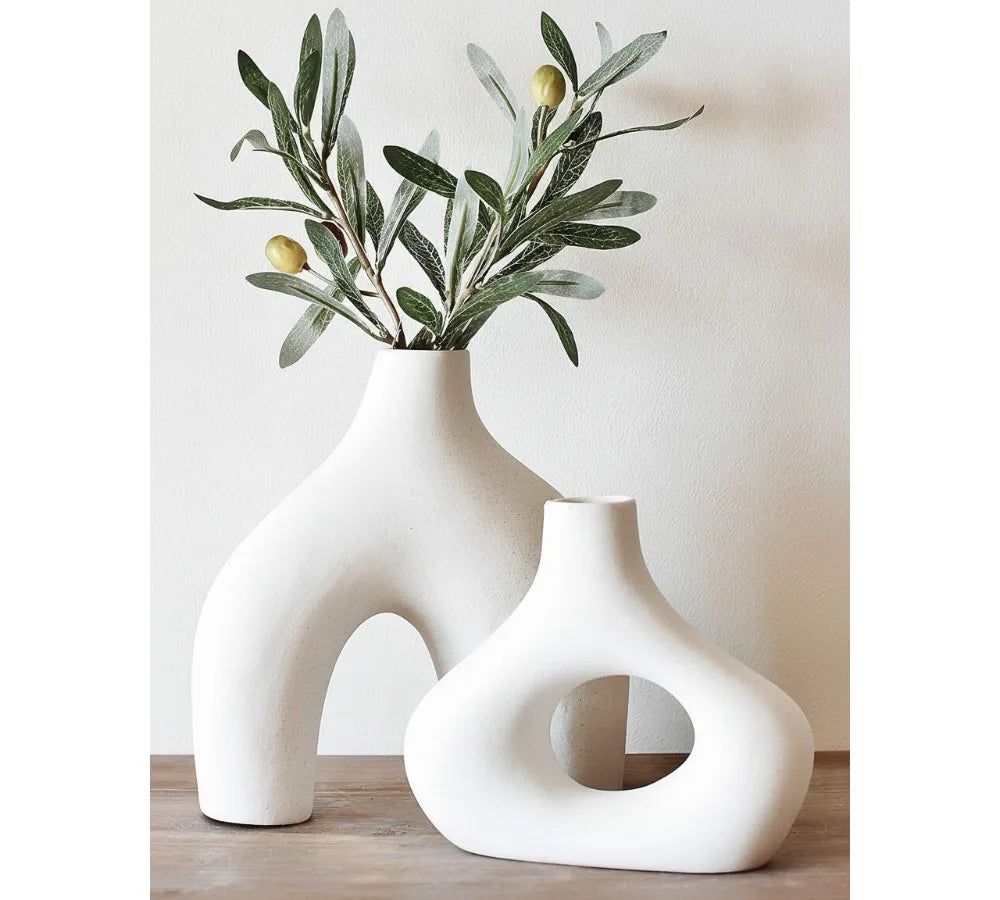 Set of 2 White Large Ceramic Donut Vases - Minimalist Nordic Hollow Centerpiece for Home, Wedding, Office Decor