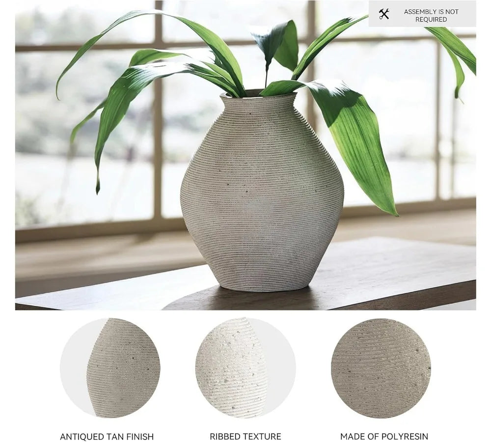 Modern Distressed Polyresin Vase, Antique Tan, Ribbed Texture for Home Decor Centerpiece