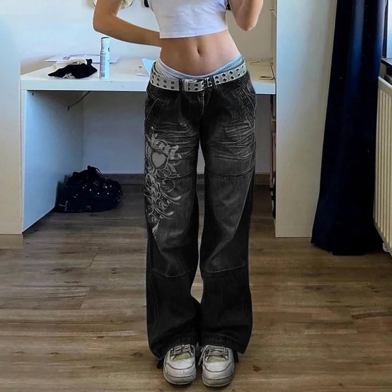Street style women's clothing, irregular printed loose pants, low waisted pleated washed distressed multicolored jeans