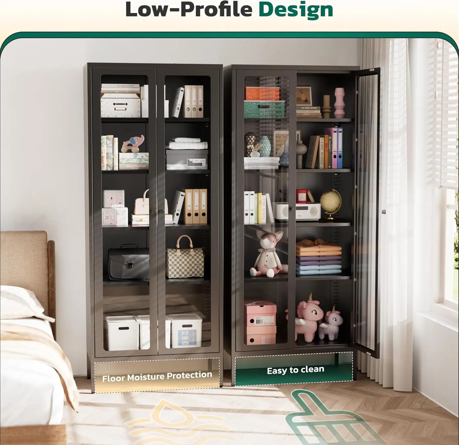 Metal Glass Display Cabinet with 5-Tier Storage Shelves, Tall Curio Cabinet with Glass Doors and Shelves