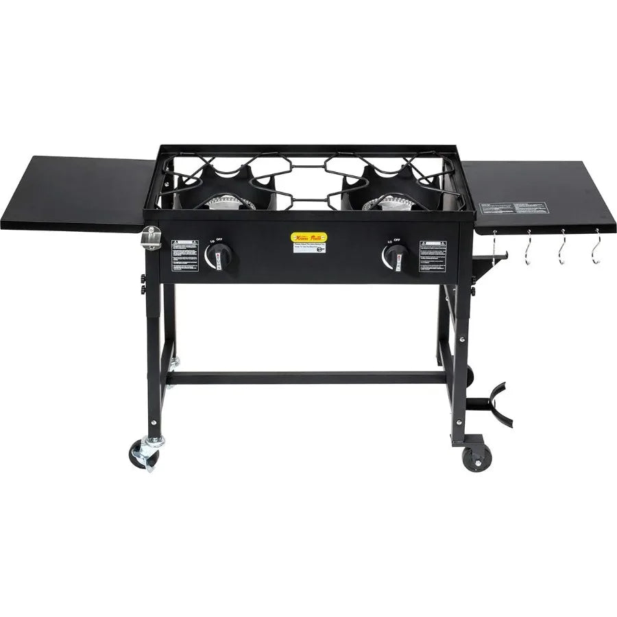 Outdoor Camping Propane Double Burner Stove with 2 Folding Cook Cooking Station Stand for Picnic BBQ Grill 58000 BTU HighPerfor