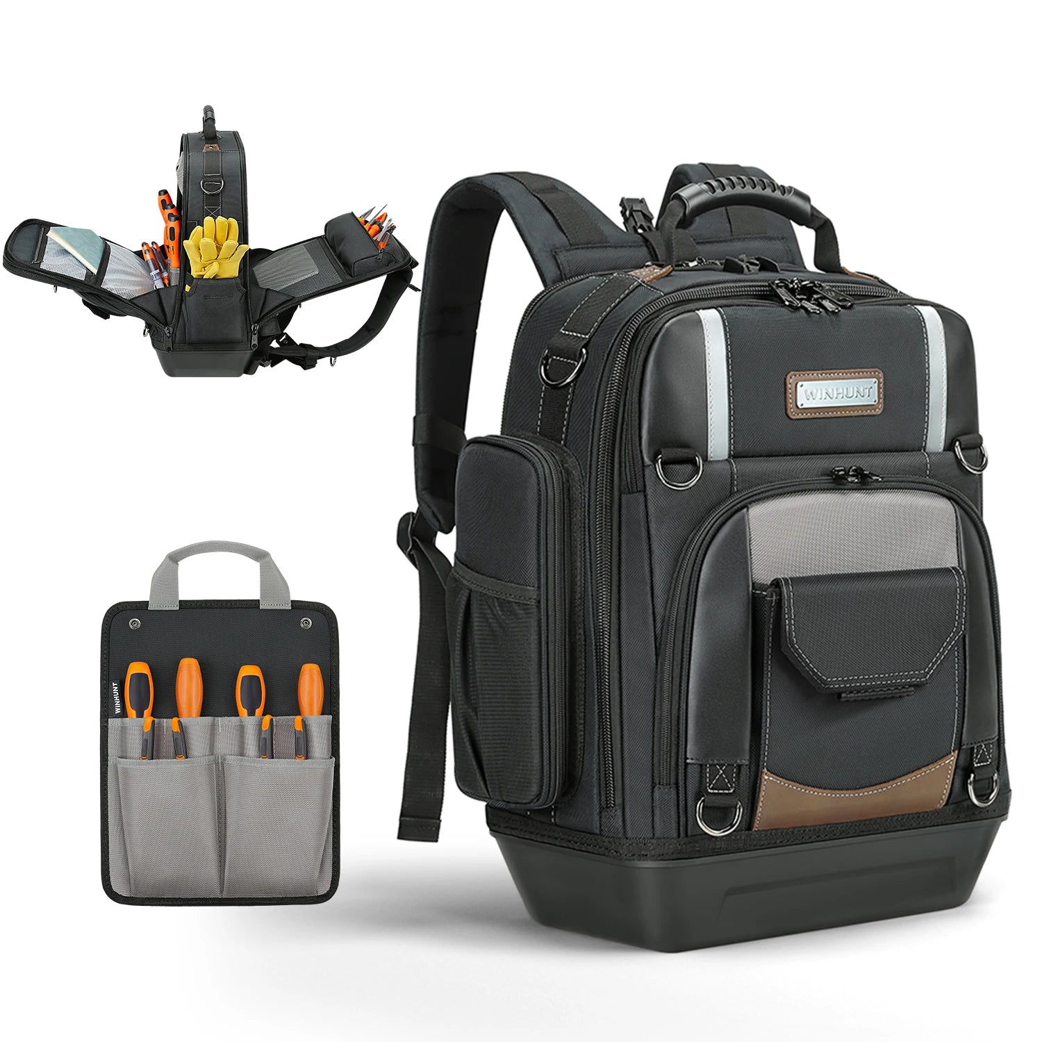 WINHUNT，Professional Tool Backpack, Heavy-Duty Storage Bag with Multiple Compartments, Padded Straps, Black/Grey