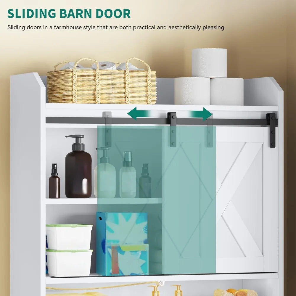 Motion Sensor Bathroom Cabinet with Sliding Barn Door, Adjustable Shelf & Toilet Paper Holder - Farmhouse Style