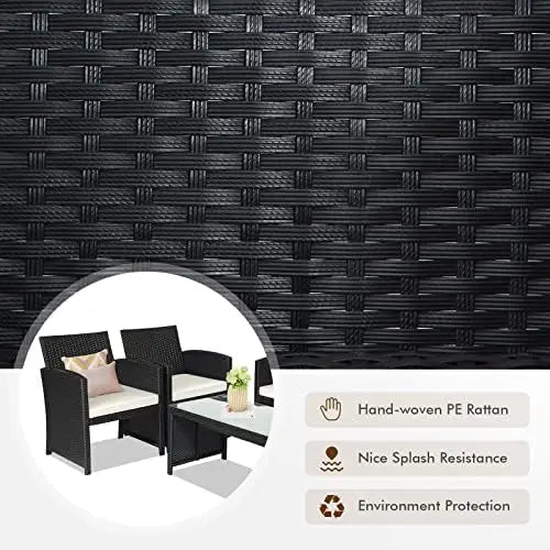 4-Piece Rattan Patio Furniture Set, Outdoor Wicker Sofa with Cushions & Glass Table