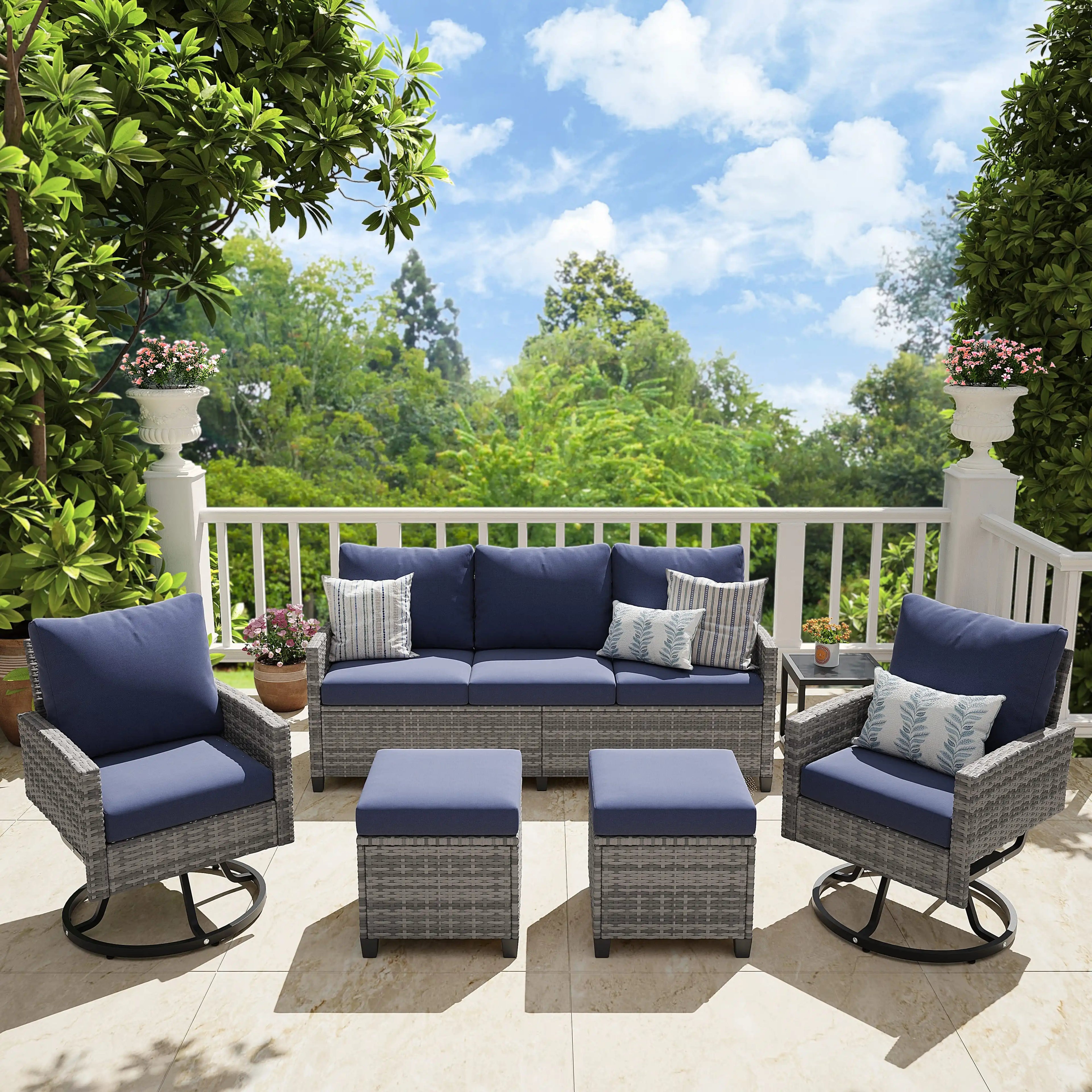 6 Pcs Wicker Patio Furniture Set, Outdoor Swivel Chairs, 3-Seat Sofa, Ottoman & Tempered Glass Side Table, All-Weather Conversat