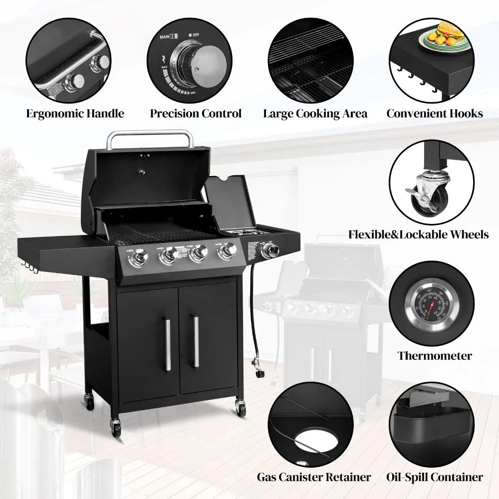 4 Burner Propane Gas Grill with Side Burner 58,000BTU BBQ Grills with Cabinet