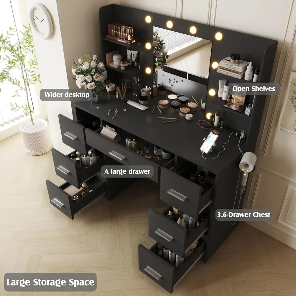 Vanity Desk with Mirror, Power Outlet and 10 Lights, Makeup Table with 7 Drawers, 3 Color Modes Available for Bedroom