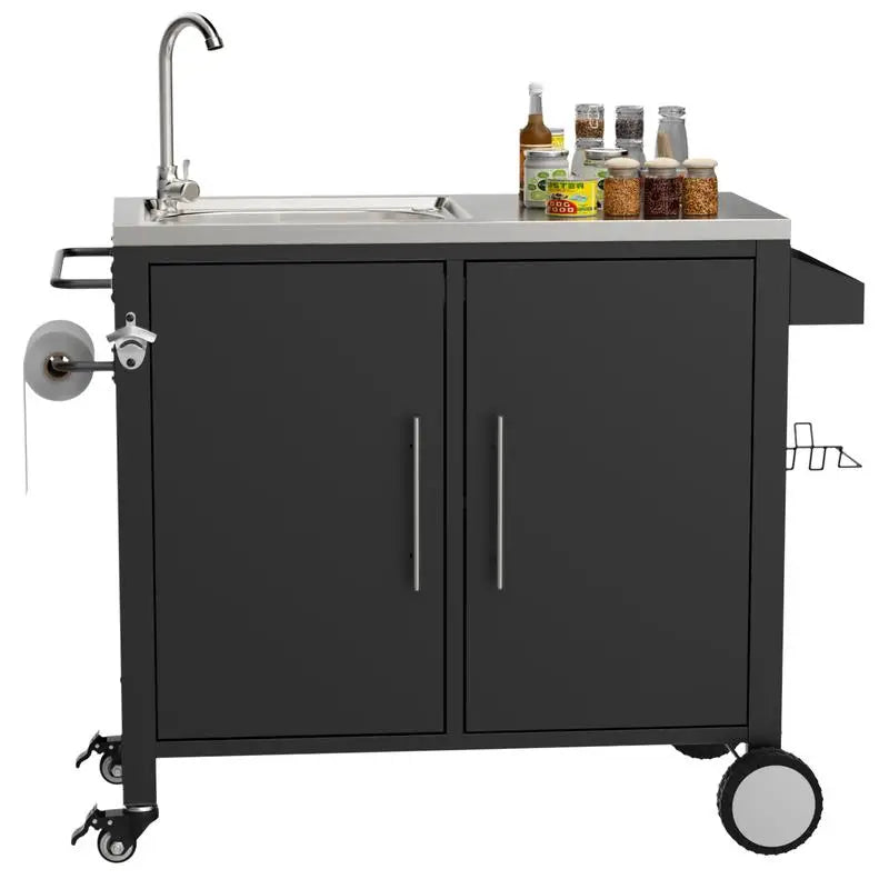 Outdoor Grill Cart with Sink, Stainless Steel Sink and Storage Cabinet, Portable BBQ Station with Wheels, 38" x 18" x 35" for