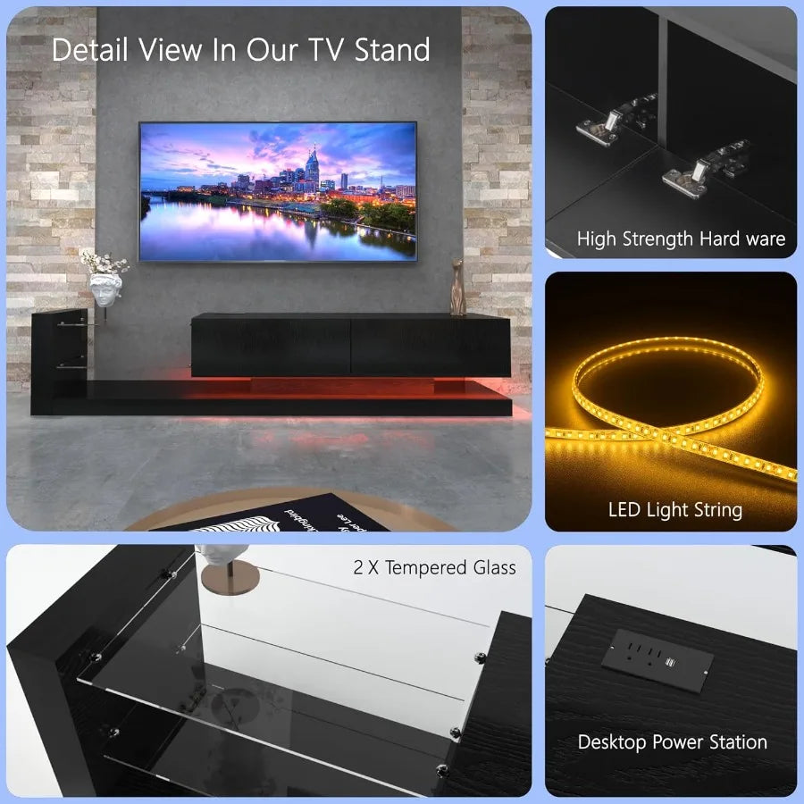 LED TV Stand for 55 65 75 Inch TV Modern Entertainment Center with Tempered Glass 50 60 70 Inch TV Console Gaming Media Console