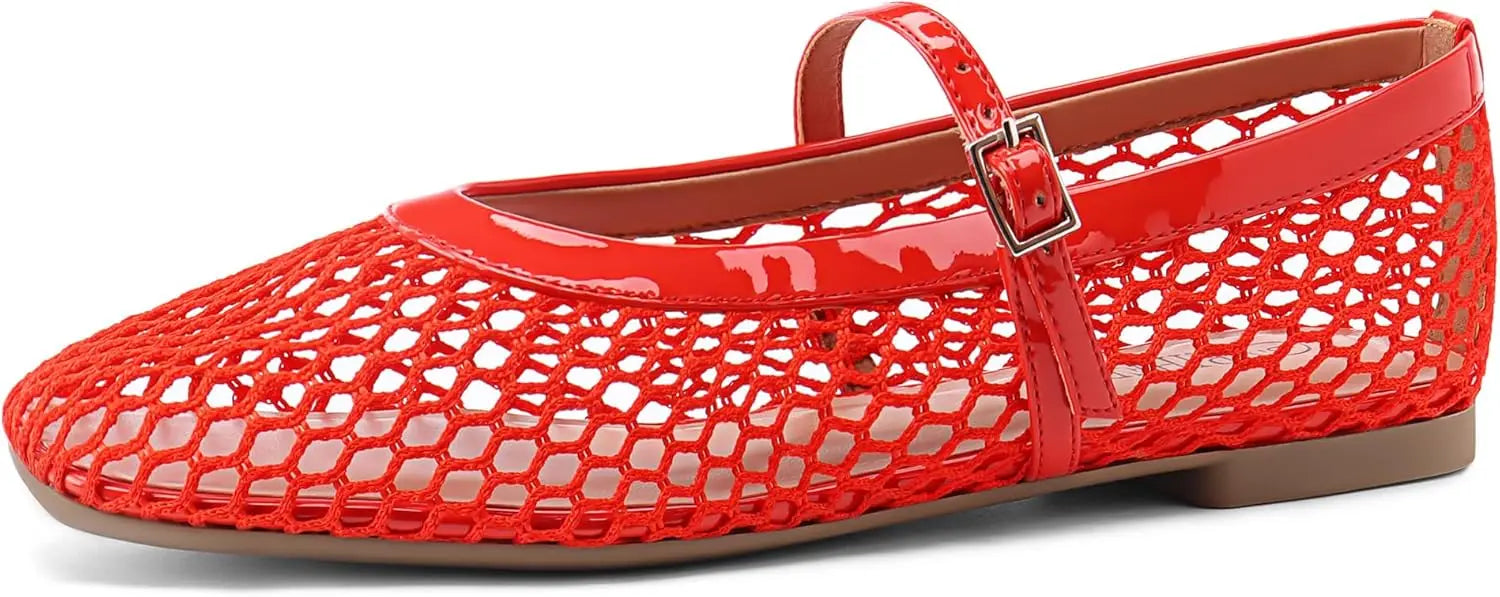 Women‘s Mesh Ballet Flats Comfortable Square Toe Ballerina Flats Buckle Strap Casual Fishnet Flat Shoes