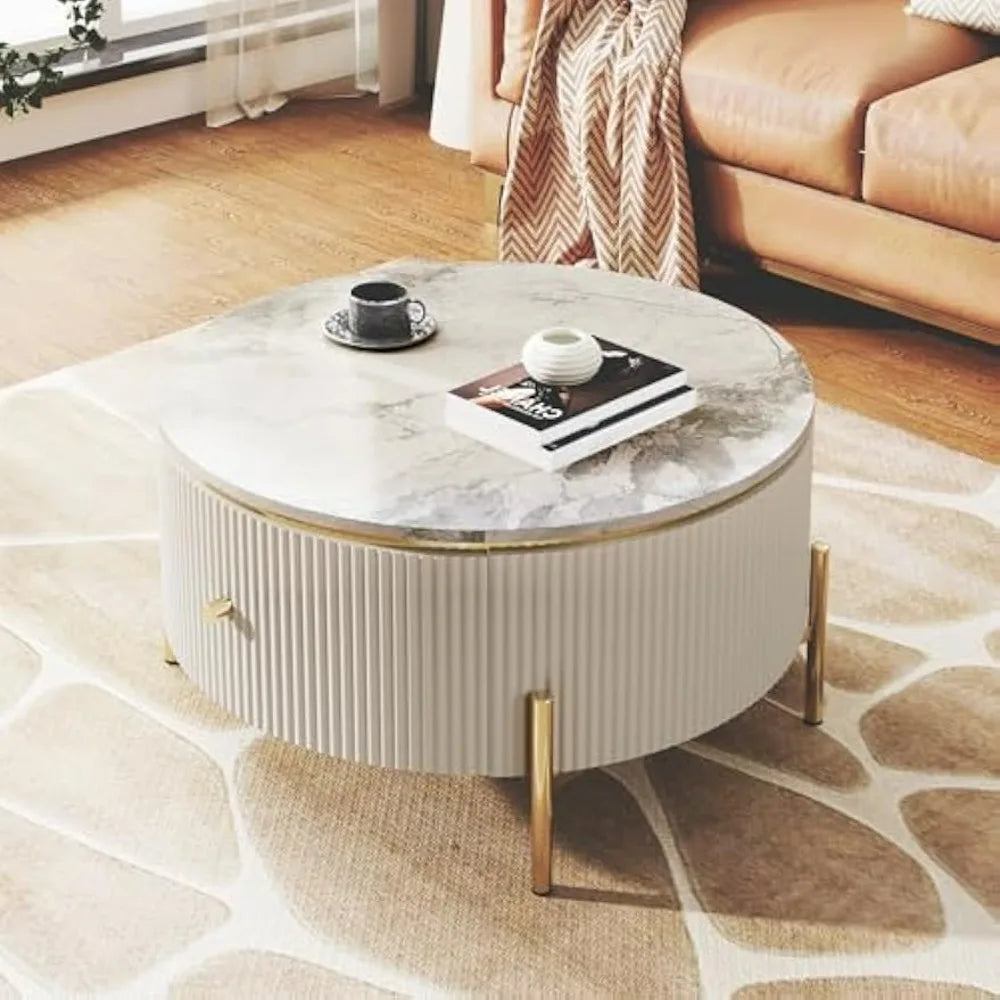 Modern Marble-Patterned Coffee Table with Two Large Drawers, Golden Legs for Elegant Living Room Storage