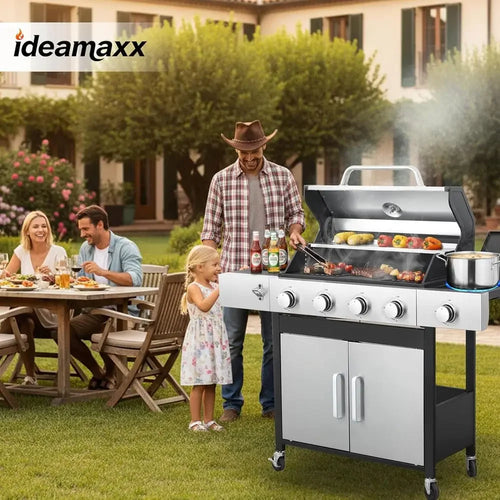 4-Burner 46,790 BTU Outdoor BBQ Grill with Infrared Side Burner, Porcelain Cast Iron Grates, and Stainless Steel Construction fo