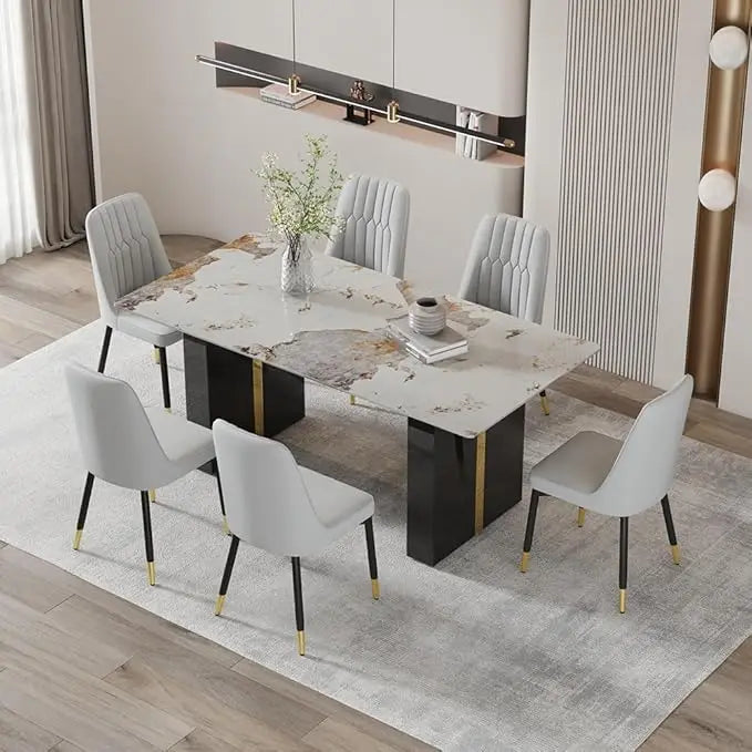 6-Person Modern Faux Marble Dining Table Set with 7 Chairs for Kitchen and Dining Area