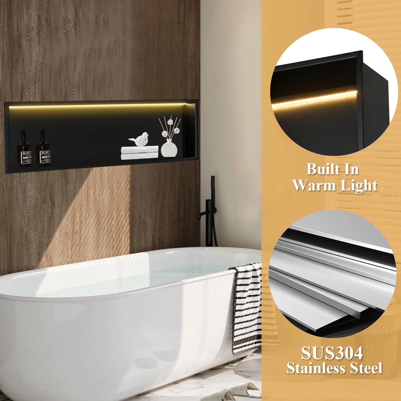 Shower Niche Insert with LED Light, 36x11x5 Inch Rust-Proof Bathroom Shelf - No Tile Needed, Over Mount for Shower & Coffee Bar