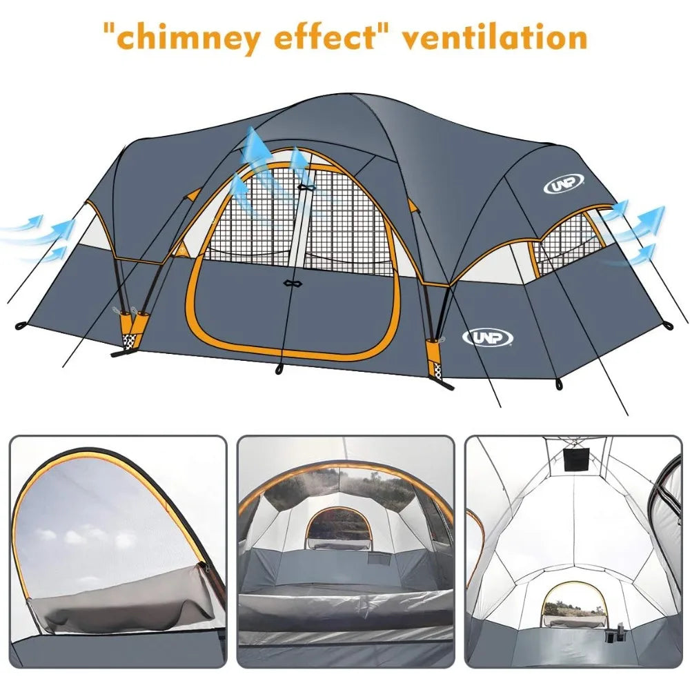 Camping Tent 10-Person-Family Tents, Parties, Music Festival Tent, Big, Easy Up, 5 Large Mesh Windows, Double Layer, 2 Room