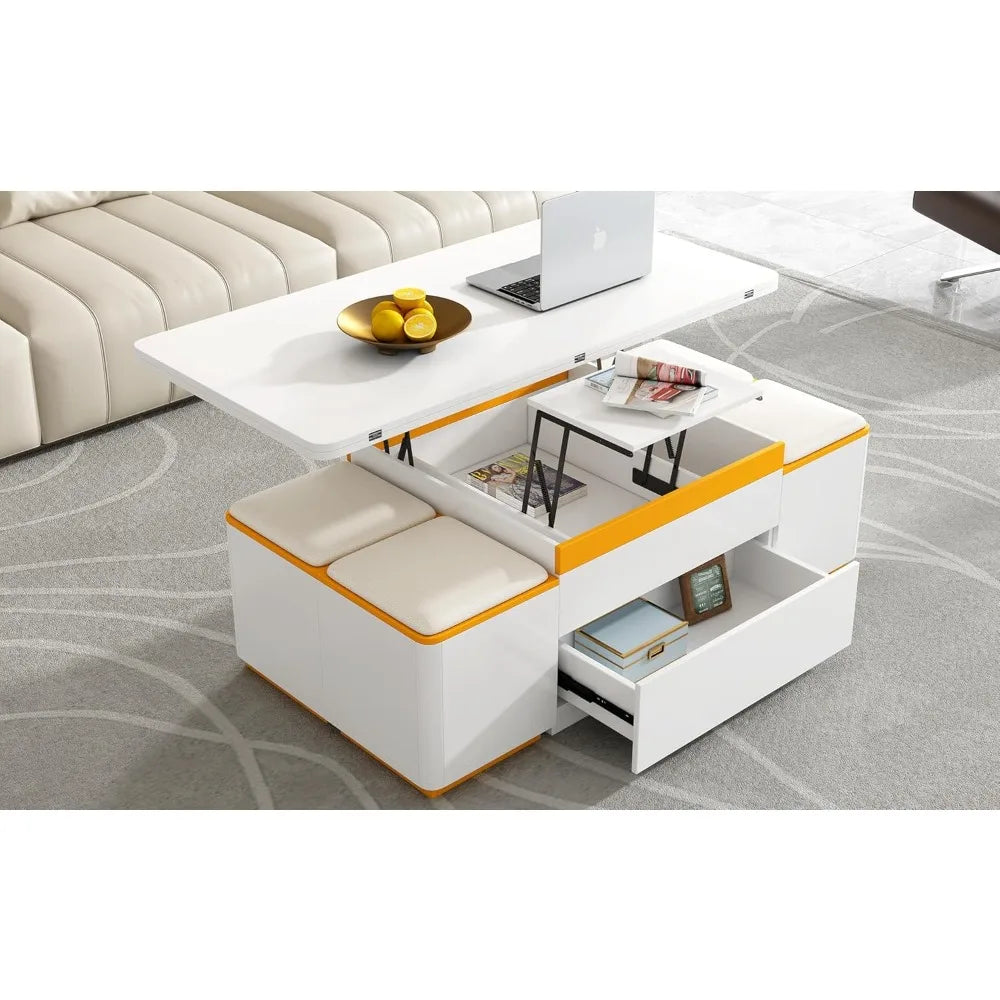Customized.3 in 1 Lift-Top Coffee Table with 4 Storage Stools, Modern 47.2" Center Table with Foldable Top, Multi-Functional Adj