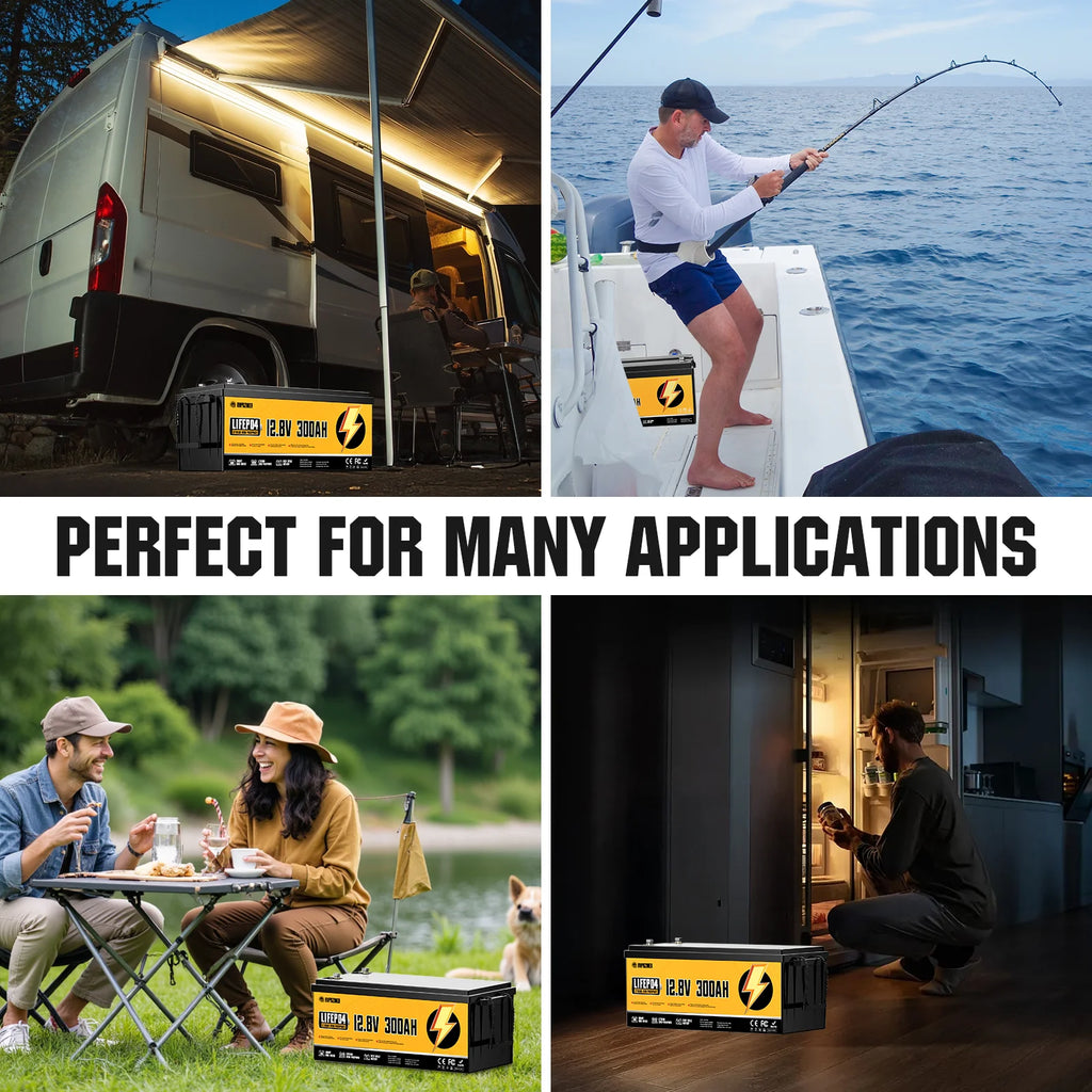 Rvpozwer 12.8V 300Ah LiFePO4 Battery 300A BMS 25000+ Cycles for Trolling Motor Solar Panel Van Camping Power Supply