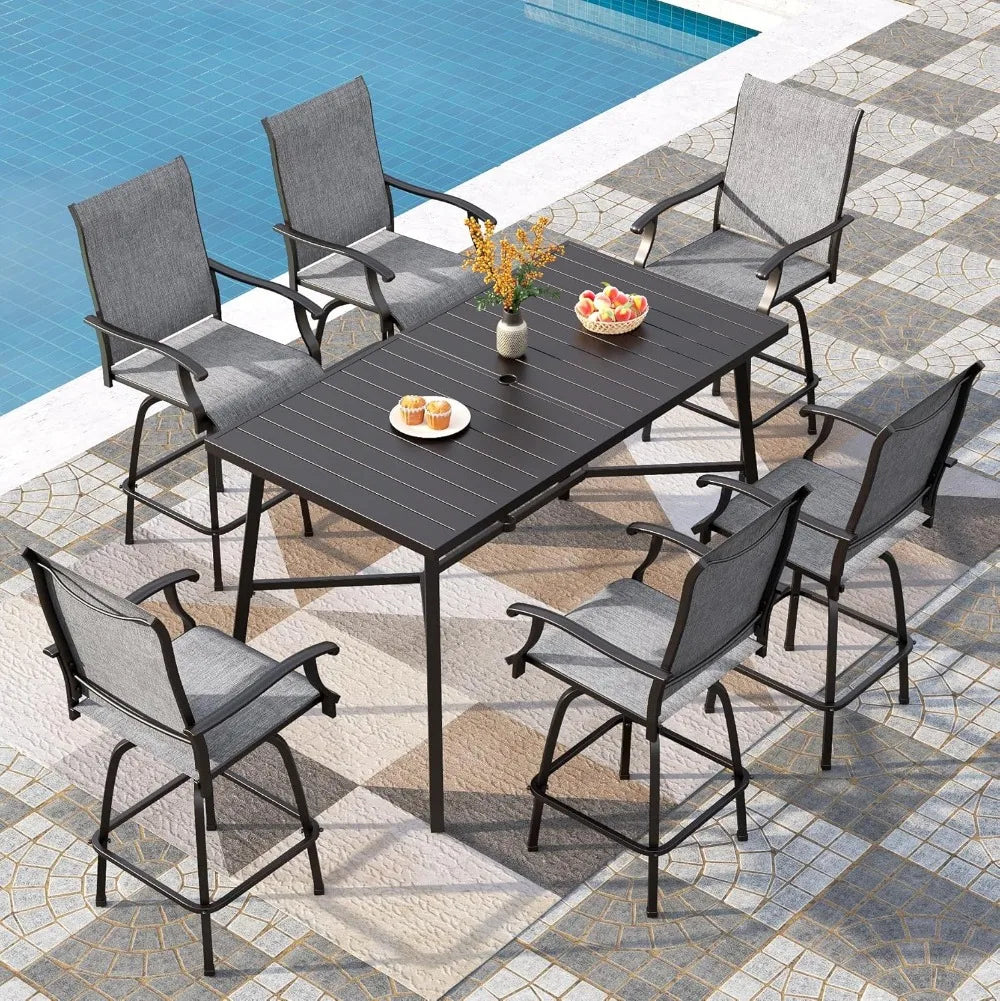 7 Piece High Top Patio Bar Set, Outdoor Bar Height Table and Chairs Dining Furniture Set with 6 Outdoor Swivel Bar Stools Grey