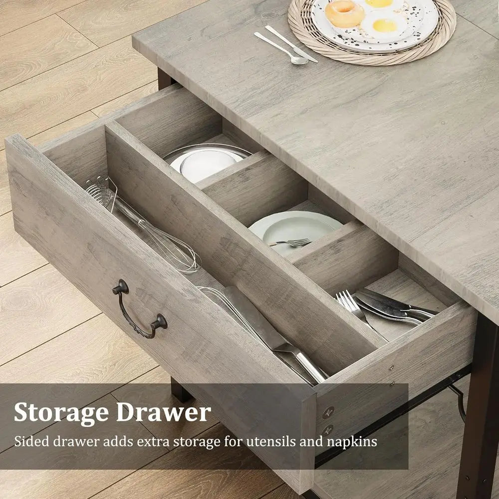 Kitchen Dining Table Set with Upholstered Benches, Storage Drawers & Wine Rack for Small Spaces - Grey