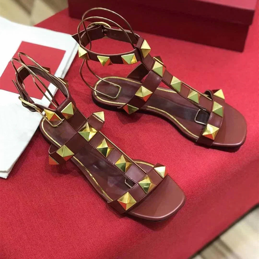 SHIYUNJIN Shoes Women Size35-42 Genuine Leather Sandals Rivet Pumps Summer Leisure Flats Buckle Strap Designer Shoes Zapatillas