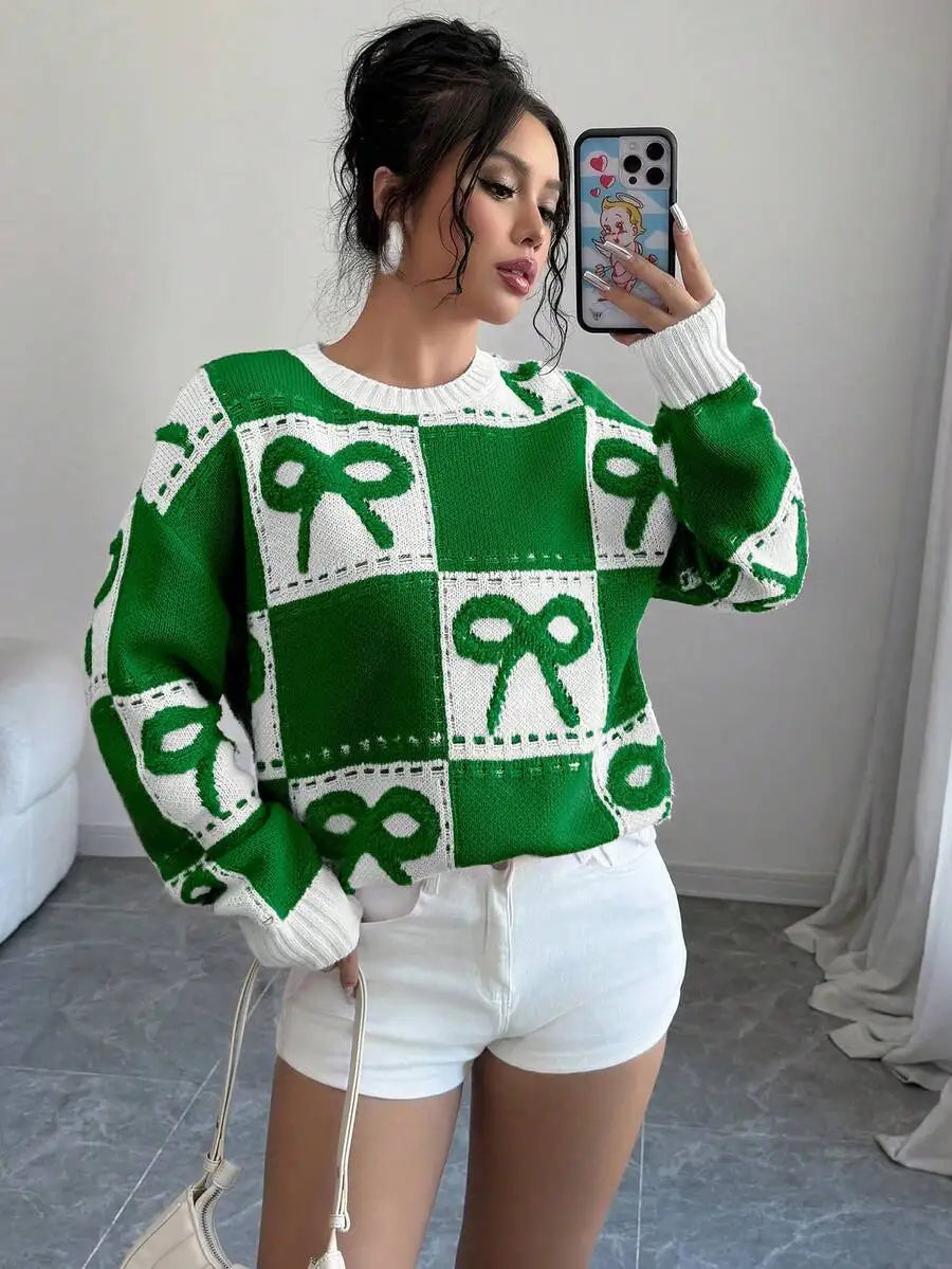Pink & White Checkered 3D Bow Knit Pullover Sweater, Round Neck, Fall Winter Casual Style
