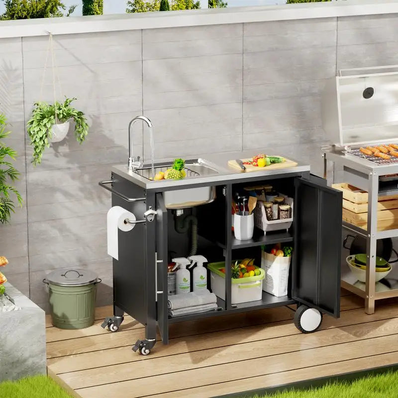 Outdoor Grill Cart with Sink, Stainless Steel Sink and Storage Cabinet, Portable BBQ Station with Wheels, 38" x 18" x 35" for