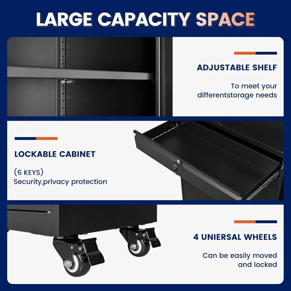 Yizosh Metal Garage Storage Cabinet with Secure Locking Doors and Adjustable Shelves, 73-Inch Rolling Tool Storage Cabinet with