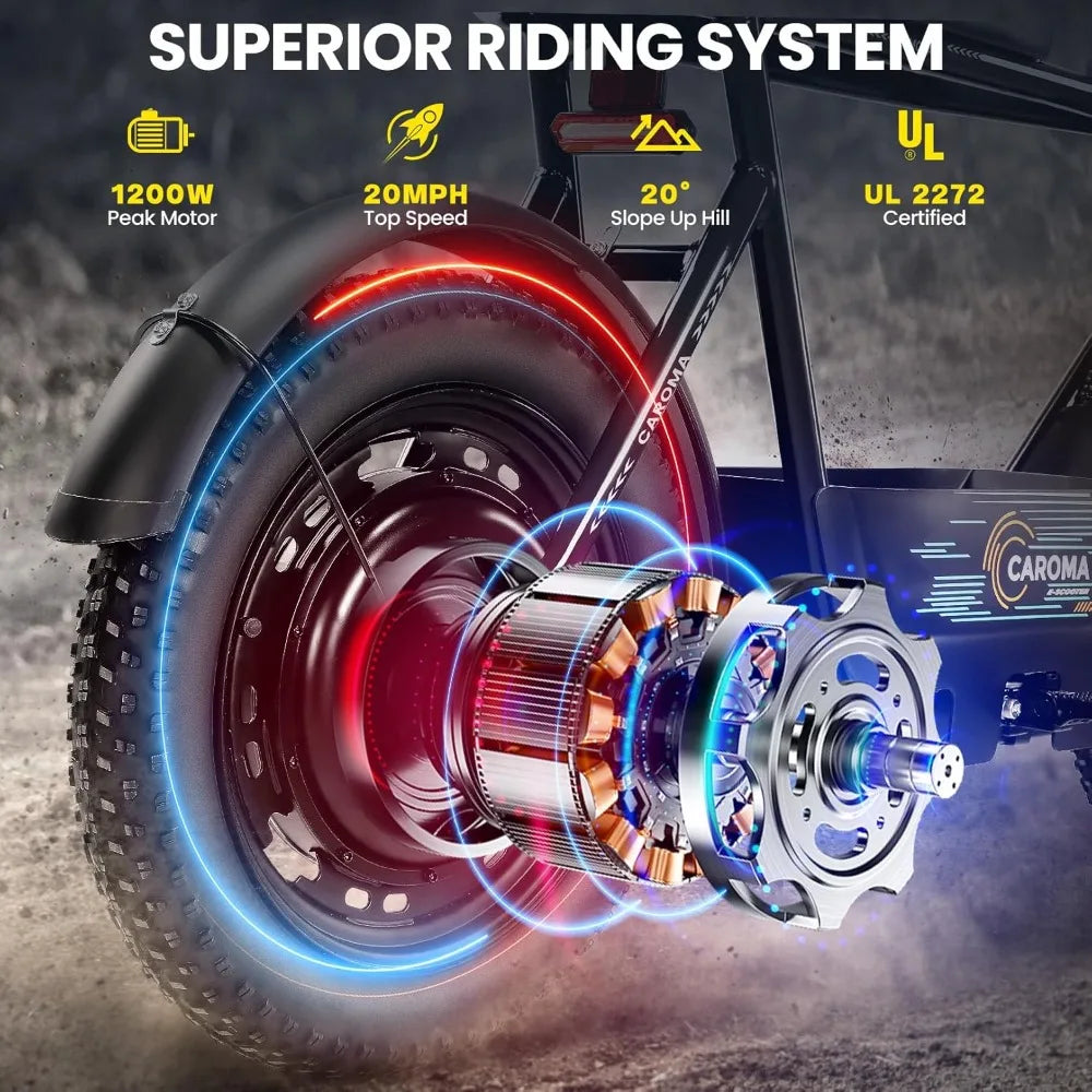 Peak 1200W Electric Scooter with Seat,16 * 3" Fat Tire Ebike for All-Terrain,Max 30 Miles & 20MPH Electric Moped