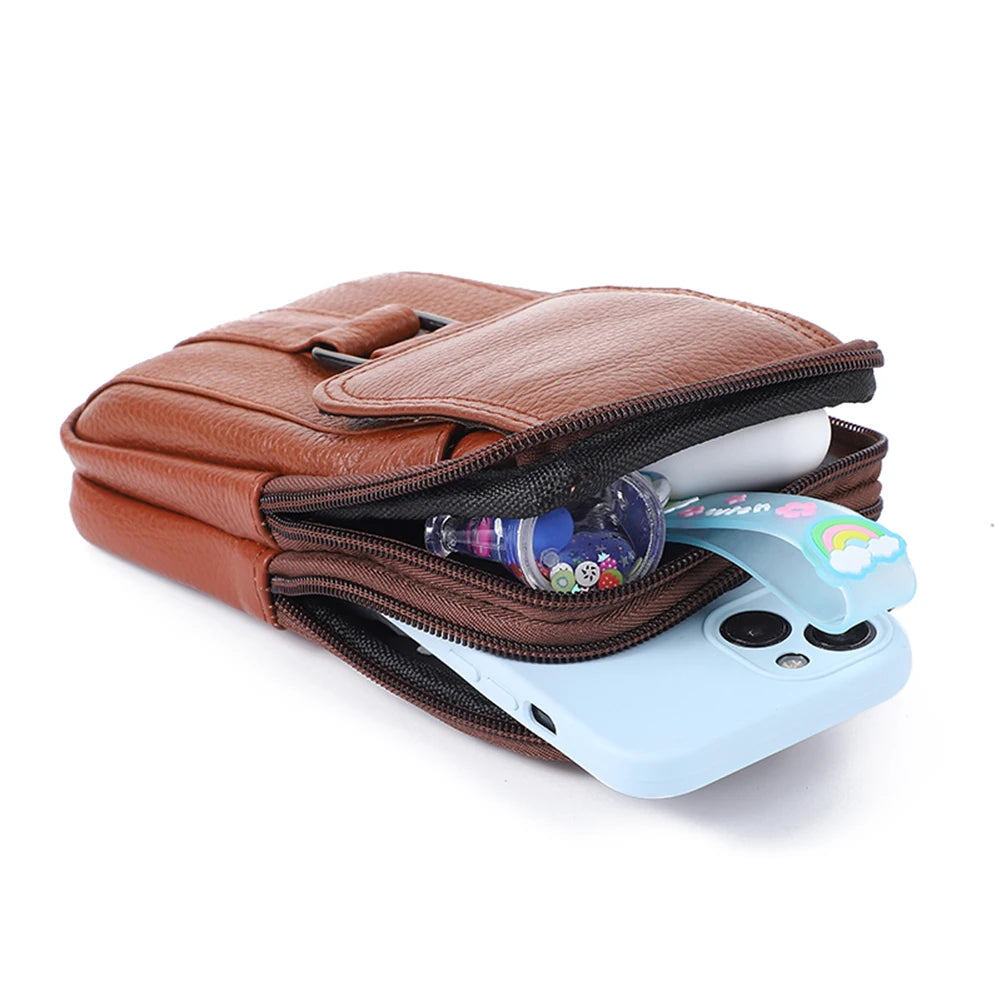 Portable Belt Pouch Purse Cowhide Leather Fanny Pack Waist Bag Fashion Simple Multi-pockets Casual for Outdoor Sport