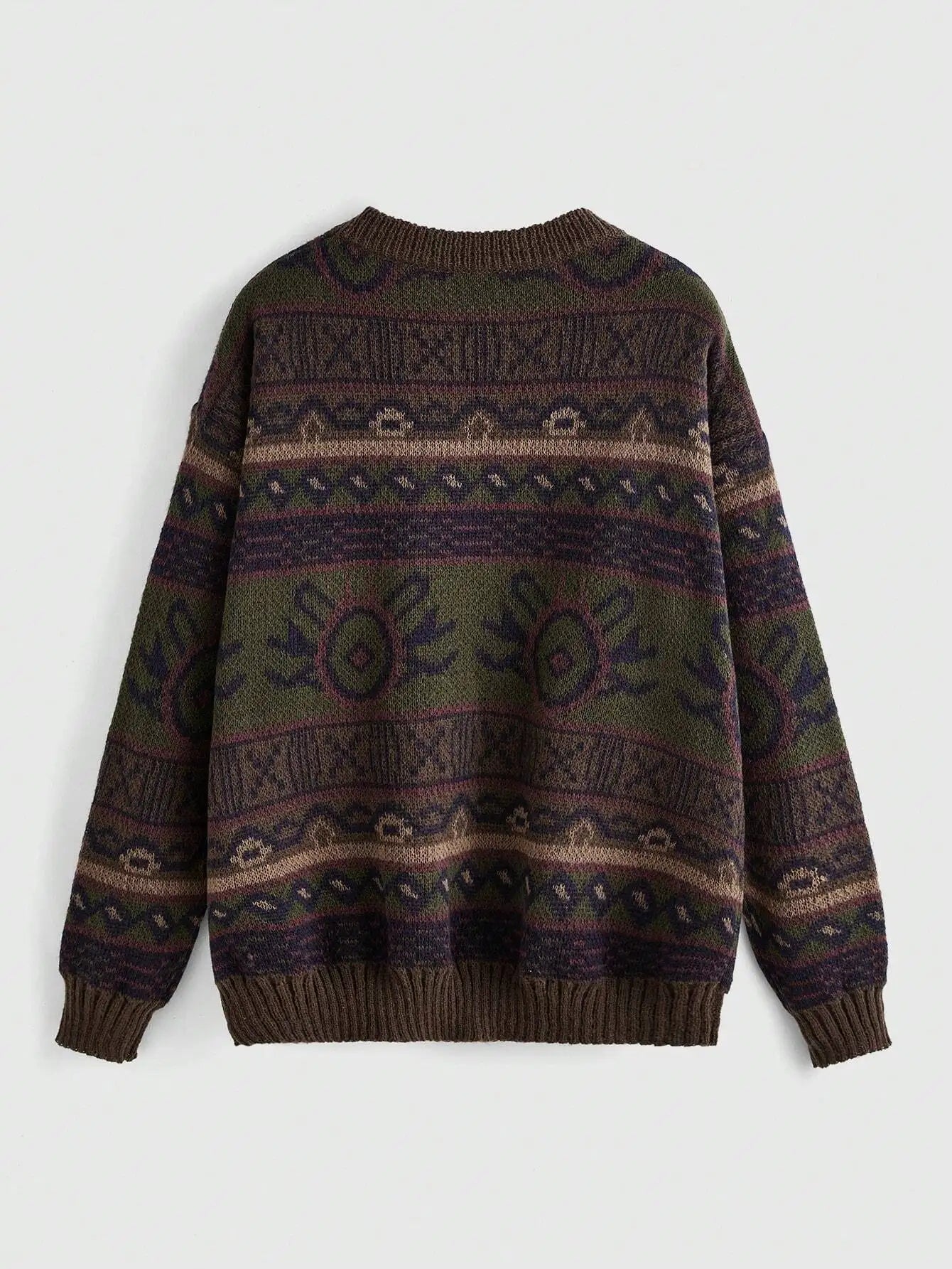 Boho Geo Pattern Drop Shoulder Knit Sweater for Women, Long Sleeve Fall Winter Top