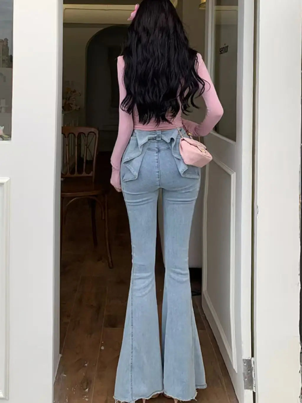 Three-dimensional butterfly jeans with a sense of design, female 2025 summer high waist and slim hip bell bottoms (small)