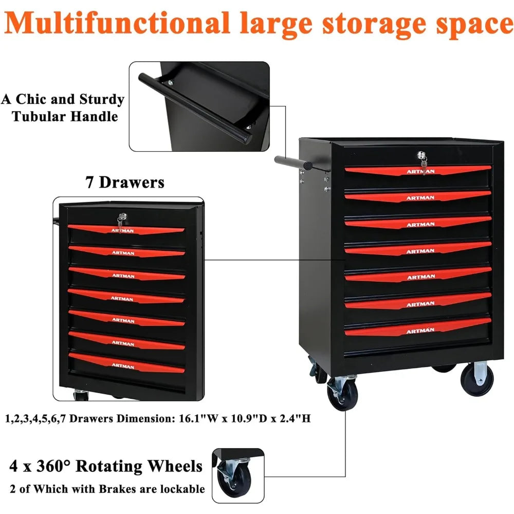 Drawers Tool Cart on Wheels, Multifunctional Rolling Tool Storage Chest, Drawers Rolling Trolley Organizer Tool Box for Warehous