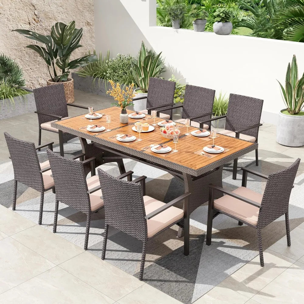 Outdoor Dining Set for 8, Rectangular Rattan Table with Acacia Wood Top & Wicker Chairs with Cushions, 74” Large Modern Furnitu