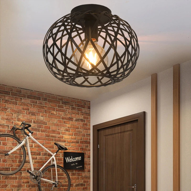Bedroom Living Room Ceiling Light Restaurant Kitchen Corridor Entrance Bar Counter Balcony Iron Mesh Black Retro Ceiling Lamp