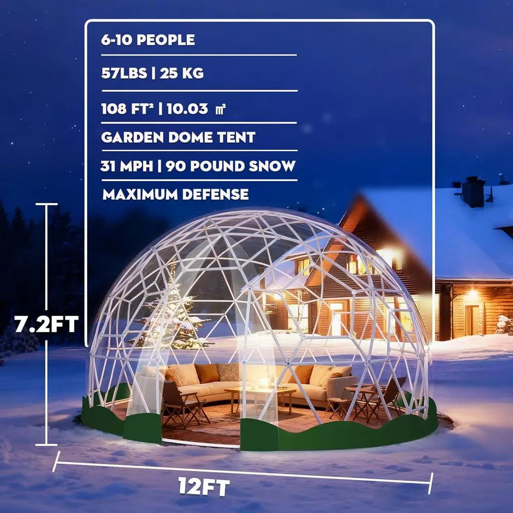 12-Foot Geodesic PVC Dome Tent, Waterproof Outdoor Bubble House with 2 10M Light Strings for Garden, Patio, Events