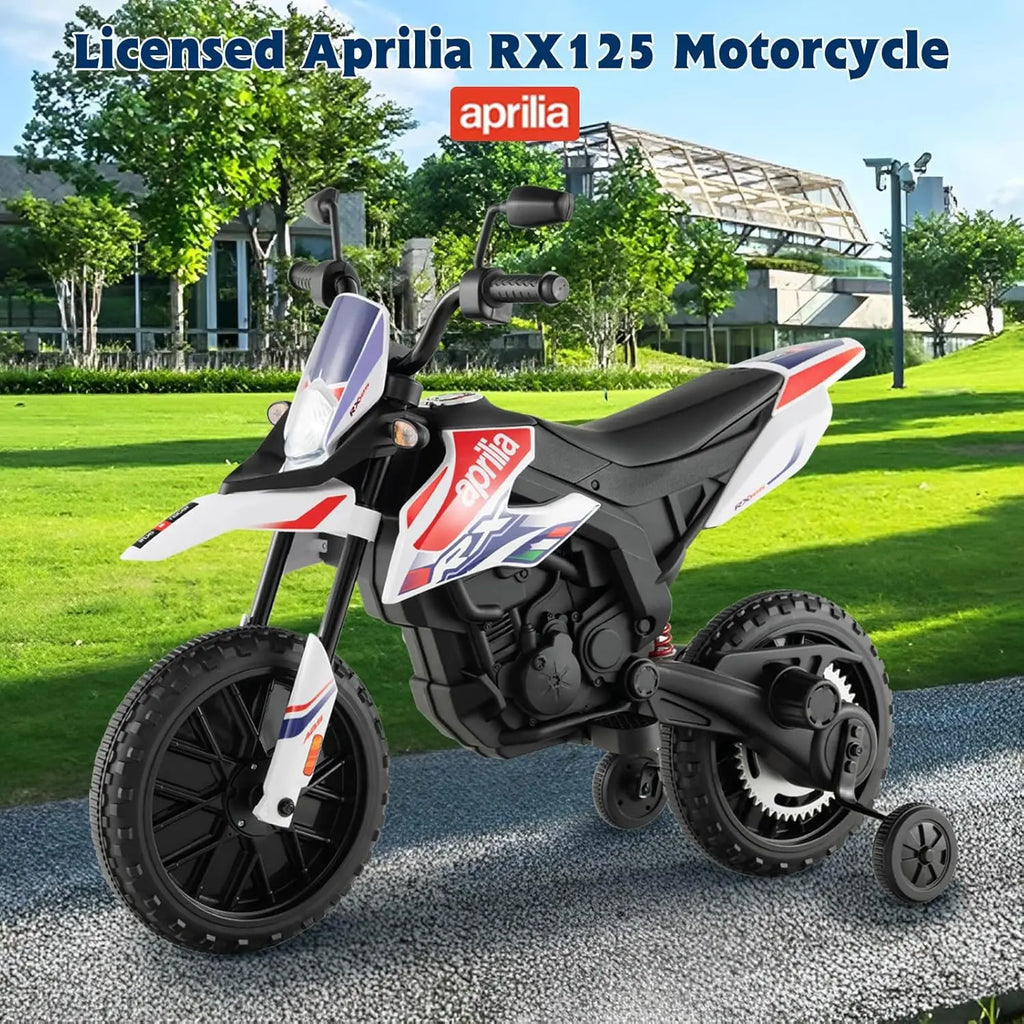 Kids Electric Dirt Bike, Aprilia RX125 Licensed 12V Ride-on with Training Wheels, Suspension, Bluetooth & Lights