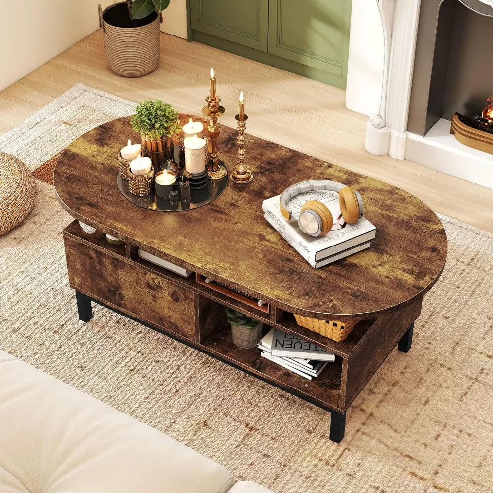 Oval Wood Coffee Table with Storage and Drawer, 47-inch Accent Center Table for Small Spaces
