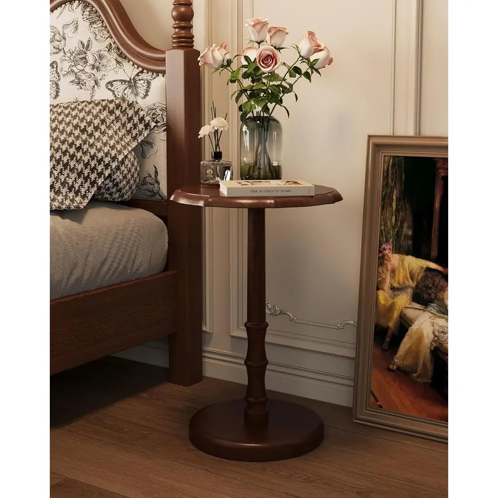 Solid Wood Accent Side Table, Pedestal End Table for Living Room, Small Bedside Table Nightstand for Bedroom, Coffee, Drink & Re