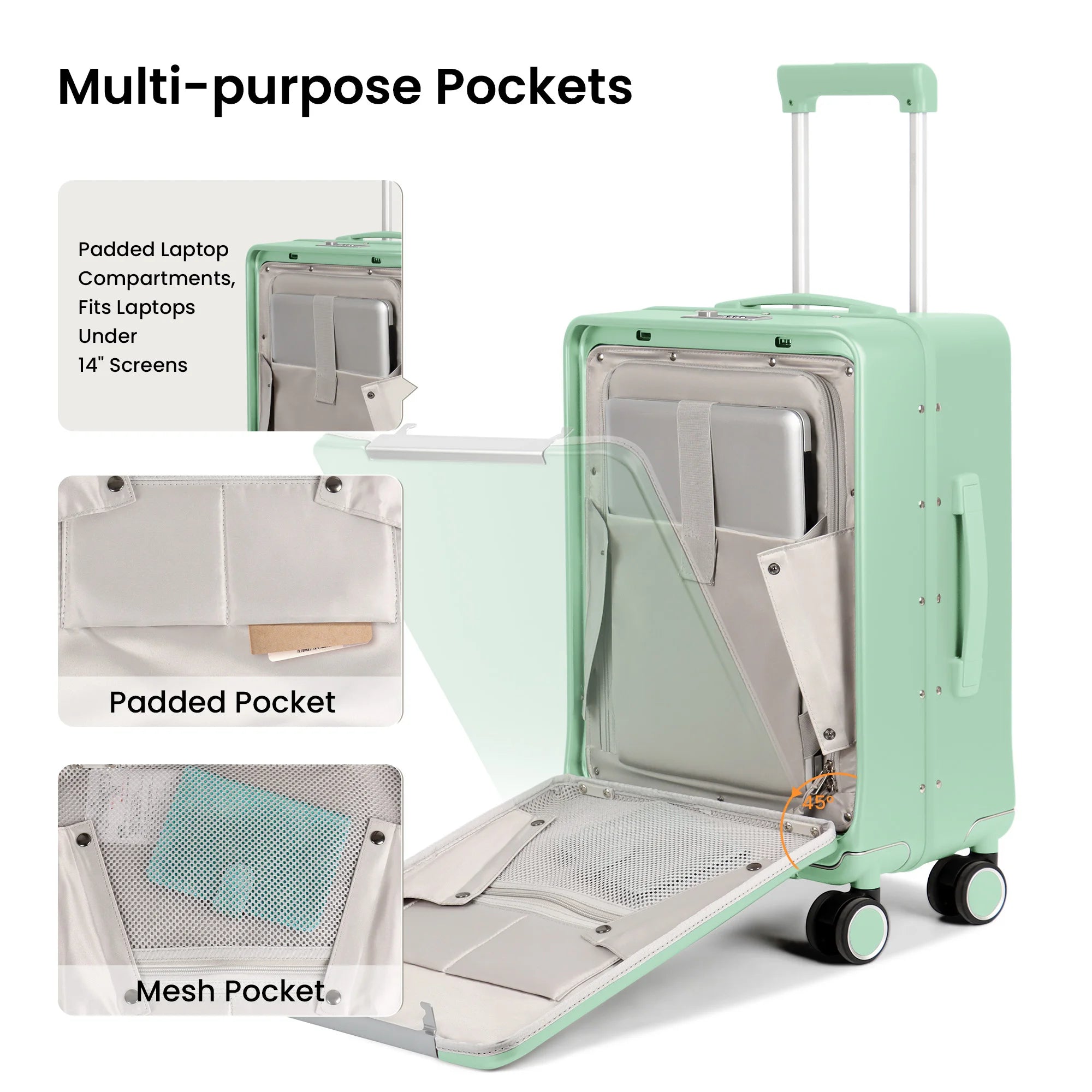 Aluminum Frame Suitcase Front Opening Rolling Travel Luggage Lightweight 20 Inch Carry-On Suitcase with Cup Holder & Side Hooks