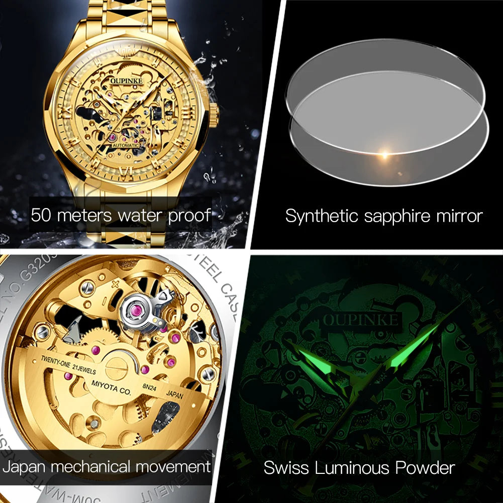 OUPINKE 3209 Men Automatic Watches Top Brand Hollow Skeleton Mechanical Watch For Men Luxury Waterproof Luminous Male Hand Clock