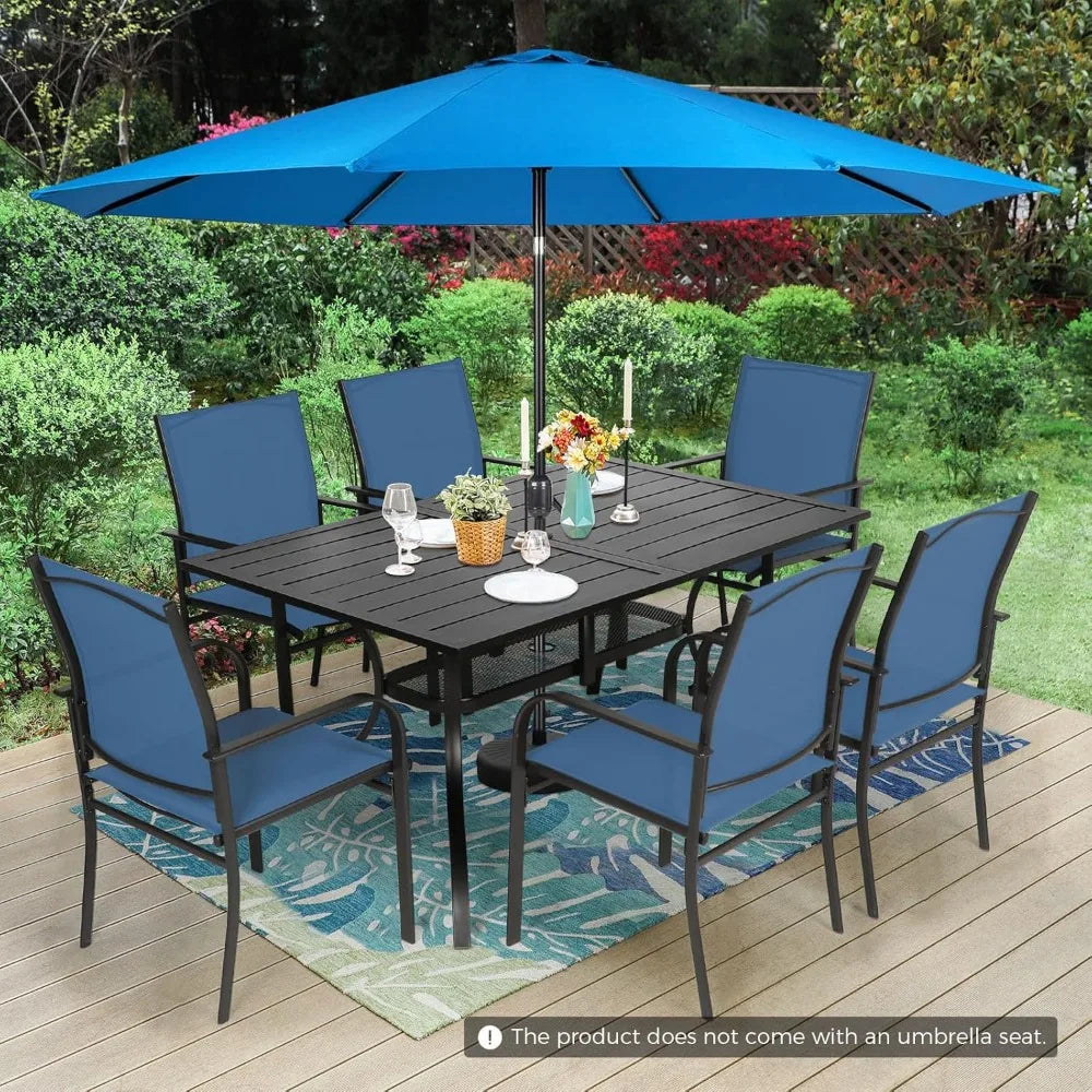8 Pieces Patio Dining Set with Sky Blue Umbrella, Outdoor Dining Set of 6 Textilene Chairs and Rectangle Table with Umbrella Ho