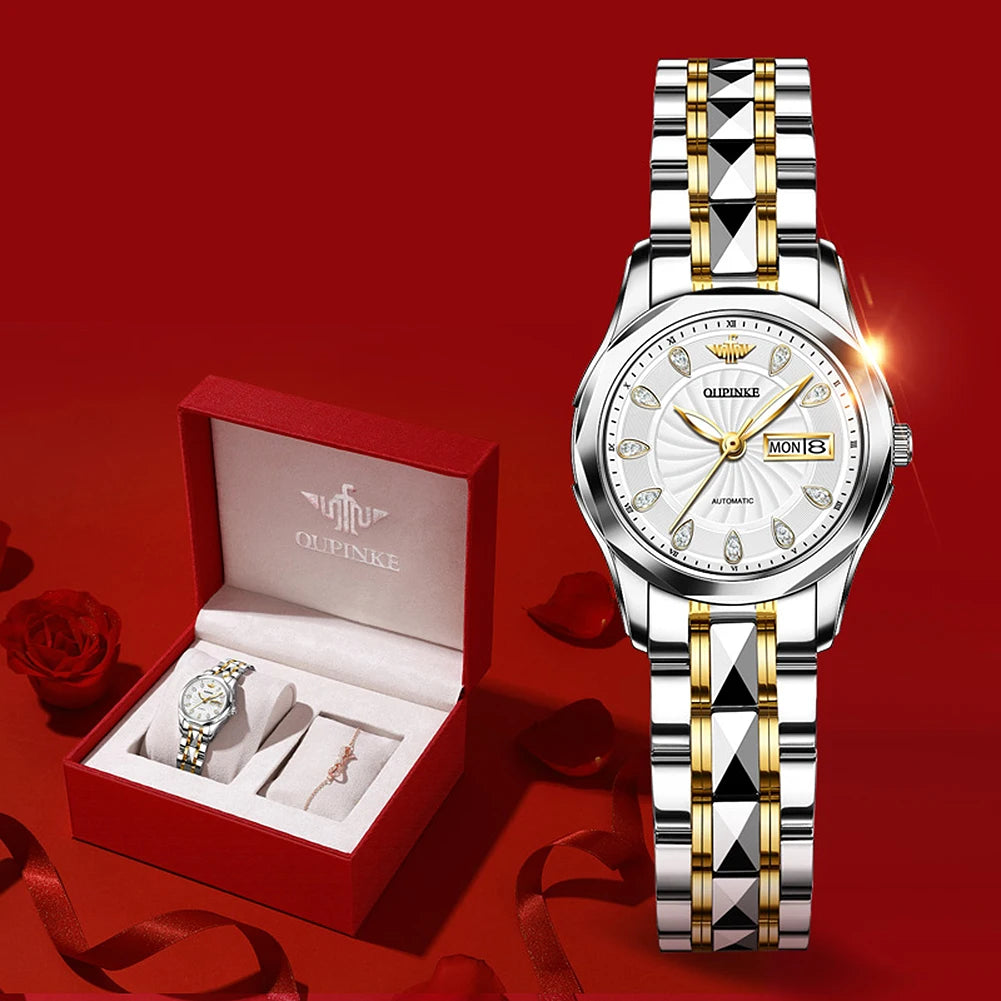 OUPINKE 3172 Mechanical Ladies' Watch Diamond Dial Auto Calendar Sapphire Mirror Imported Japan Automatic Movement  Set