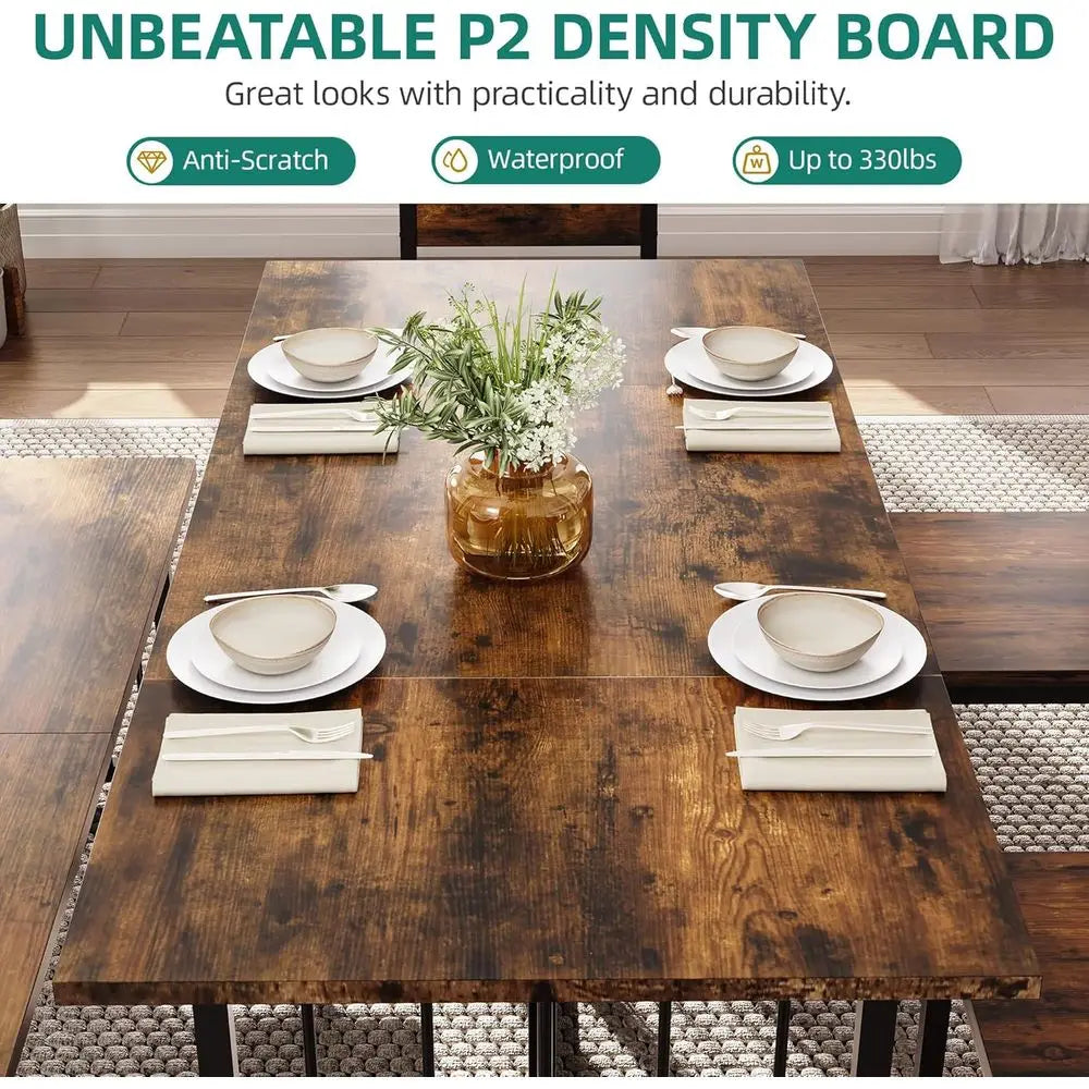 Farmhouse 6-8 Person Rectangular Dining Set, 63 Table with 4 Chairs & 2 Benches, Rustic Brown, Space-Saving for Kitchen