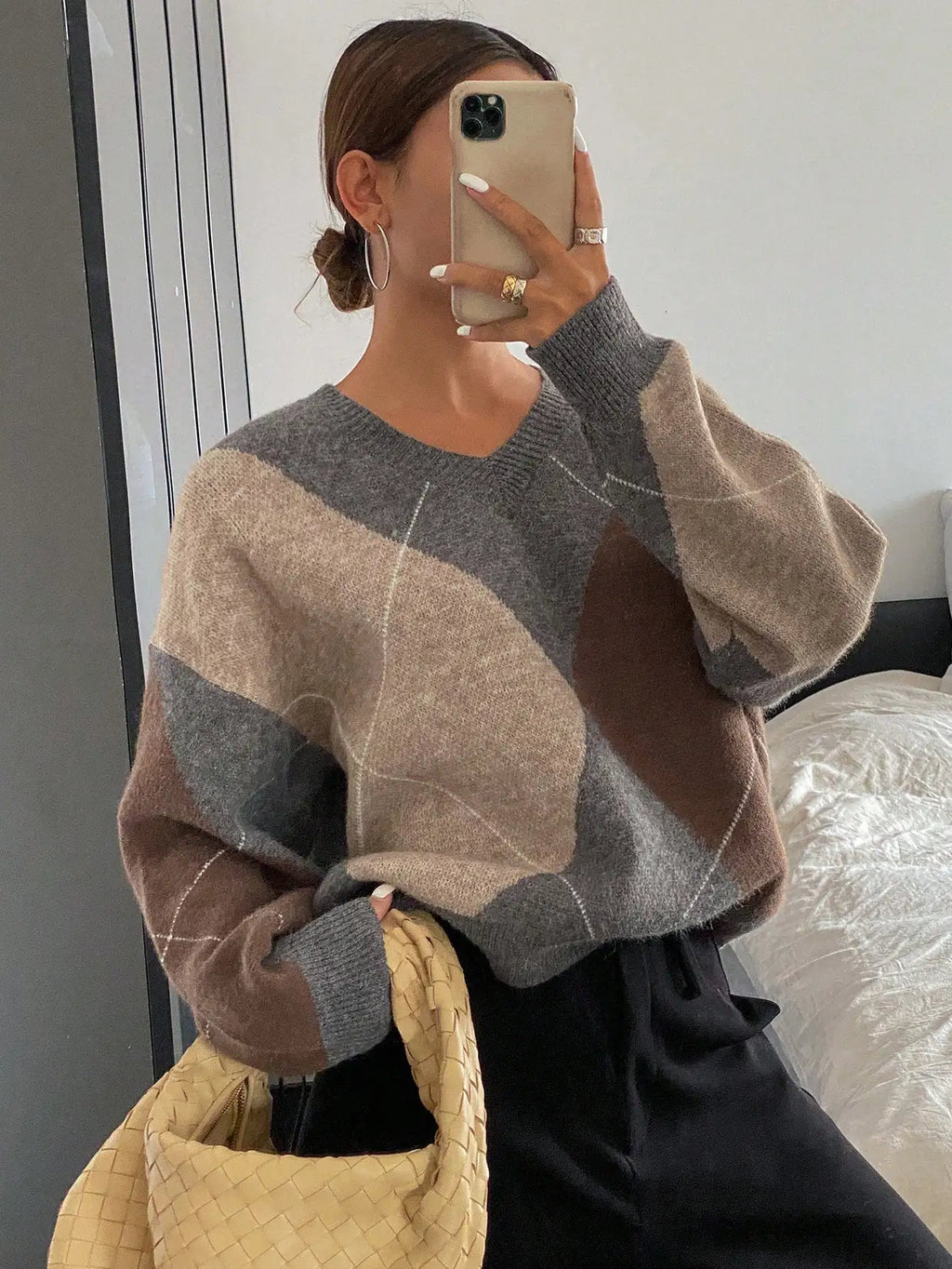 Plaid Loose Long Sleeve Crew Neck Women Sweater, Fall Clothes,Long Sleeve Tops