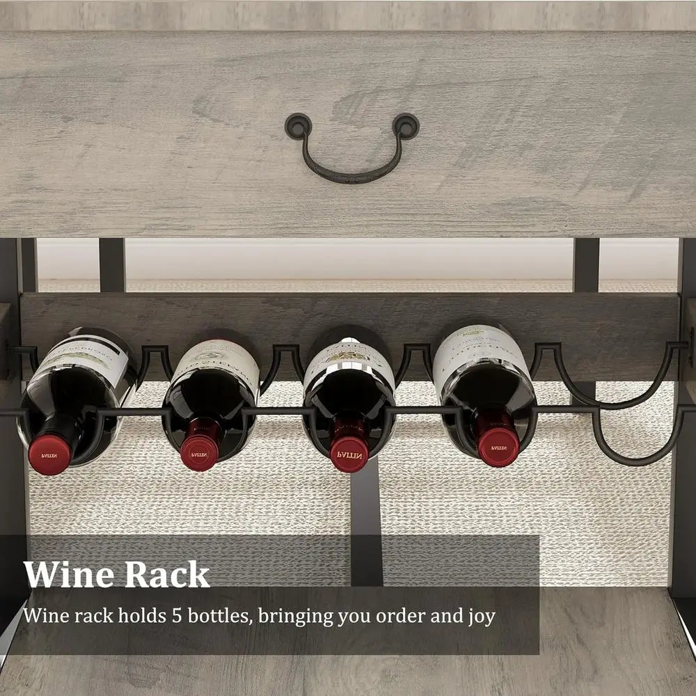 Kitchen Dining Table Set with Upholstered Benches, Storage Drawers & Wine Rack for Small Spaces - Grey