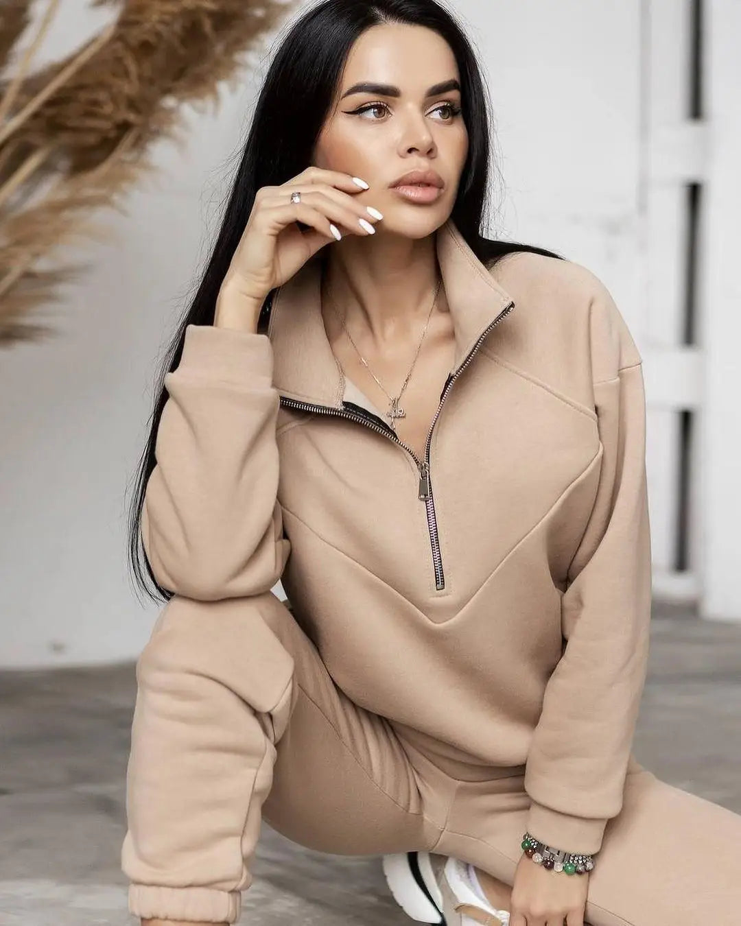 Sports Suit Zippered Solid Color Long-sleeved Winter Pullover Sweatshirt Set With Leggings Trousers Sets Womens Two Piece Outfit