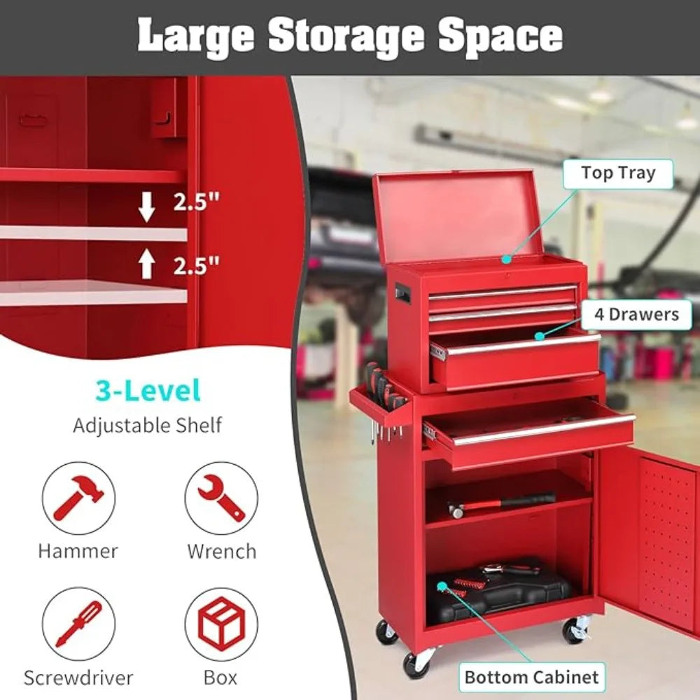 4-Drawer Rolling Tool Chest with Wheels & Lock, Tool Box with Large Storage Cabinet and Adjustable Shelf,