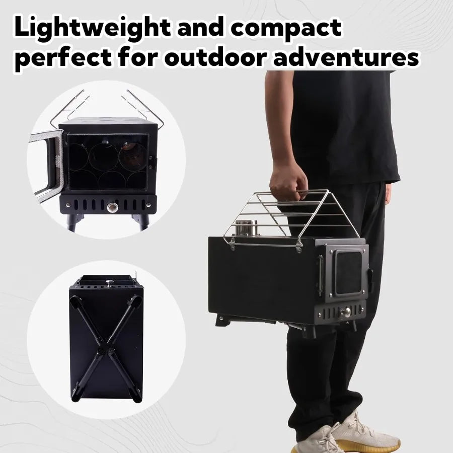 Portable Folding Wood Burning Stove for Tent Camping Heating Outdoor Cooking and Courtyard Use with Chimney Pipes and Spark Arr