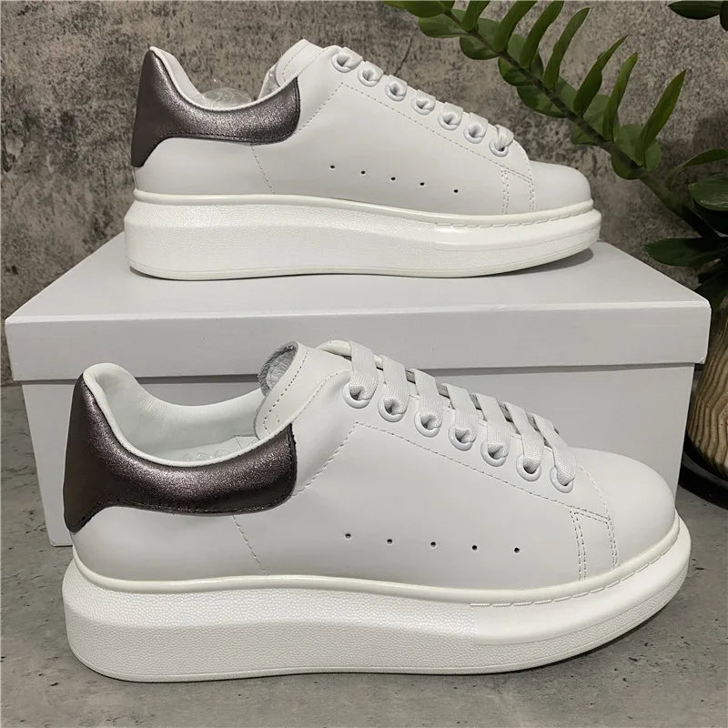 Platform White Sneakers for Women - Leather Chunky Sole Shoes, Spring Casual Fashion Sneaker, Elevator Shoes Comfortable Daily